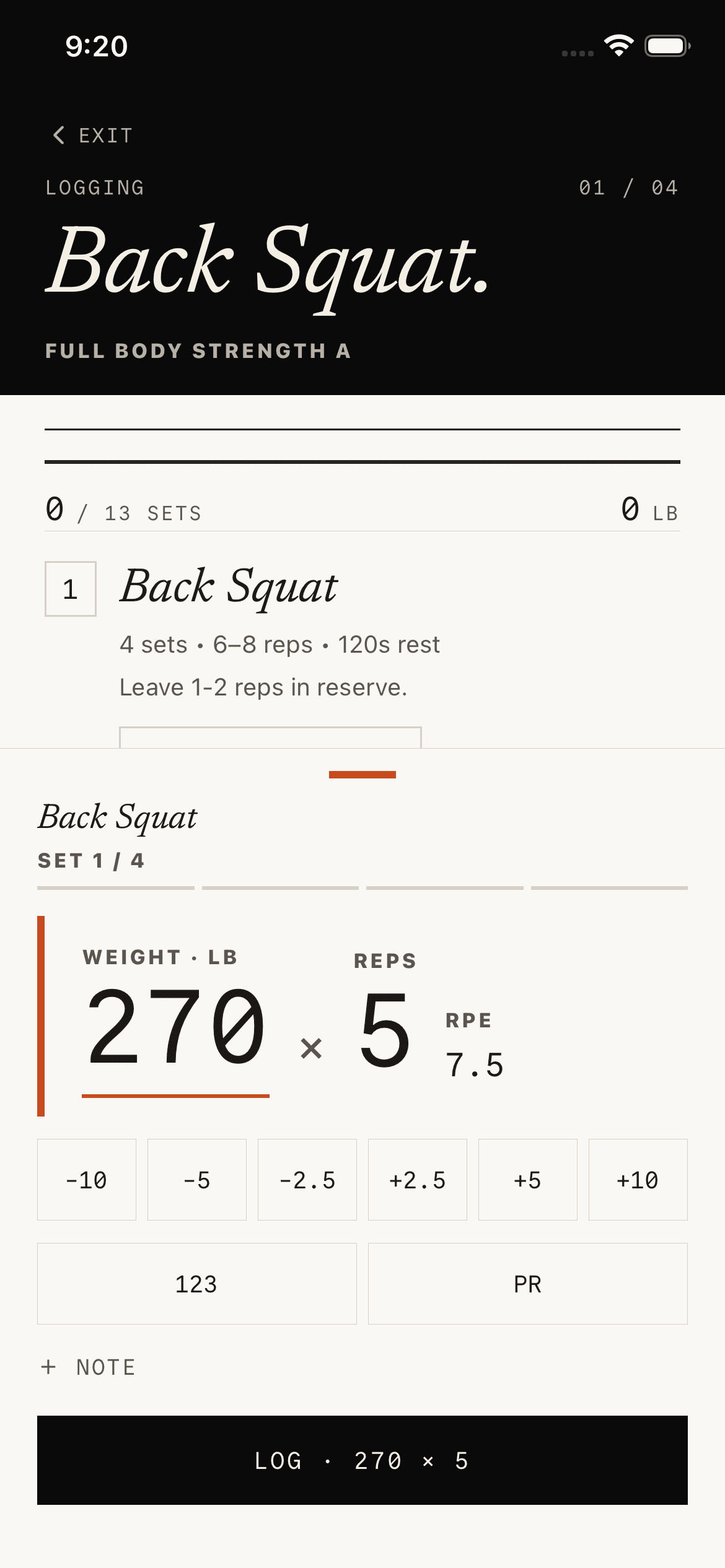 Strata active workout logging screen with set controls