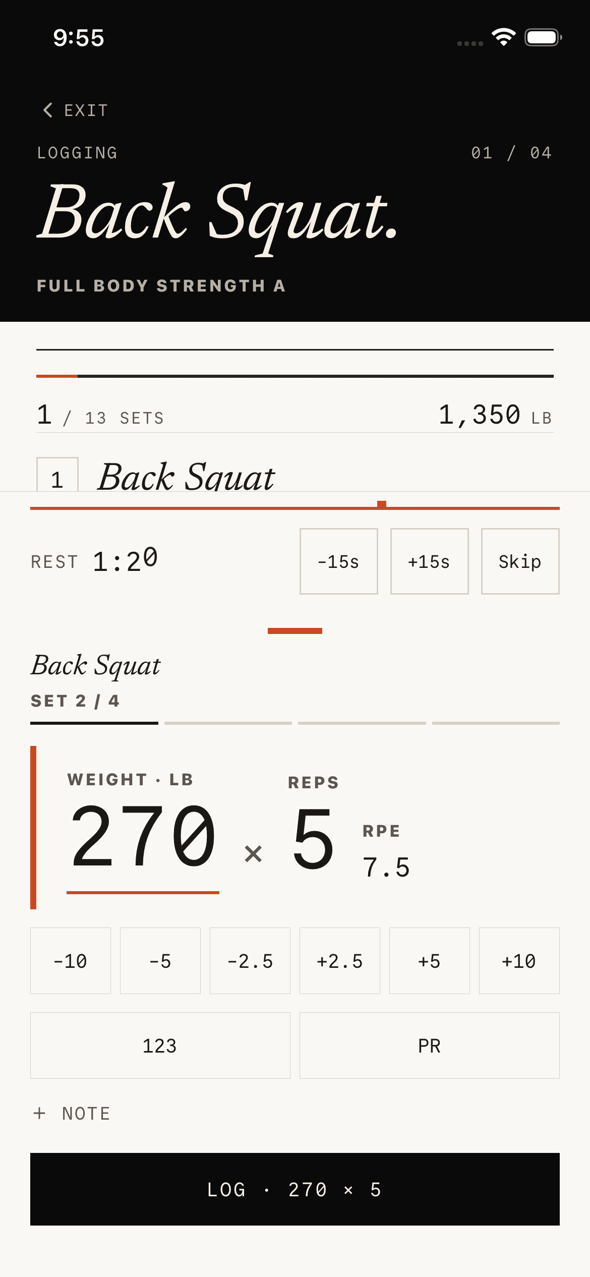 Strata workout logging screen with completed and upcoming sets
