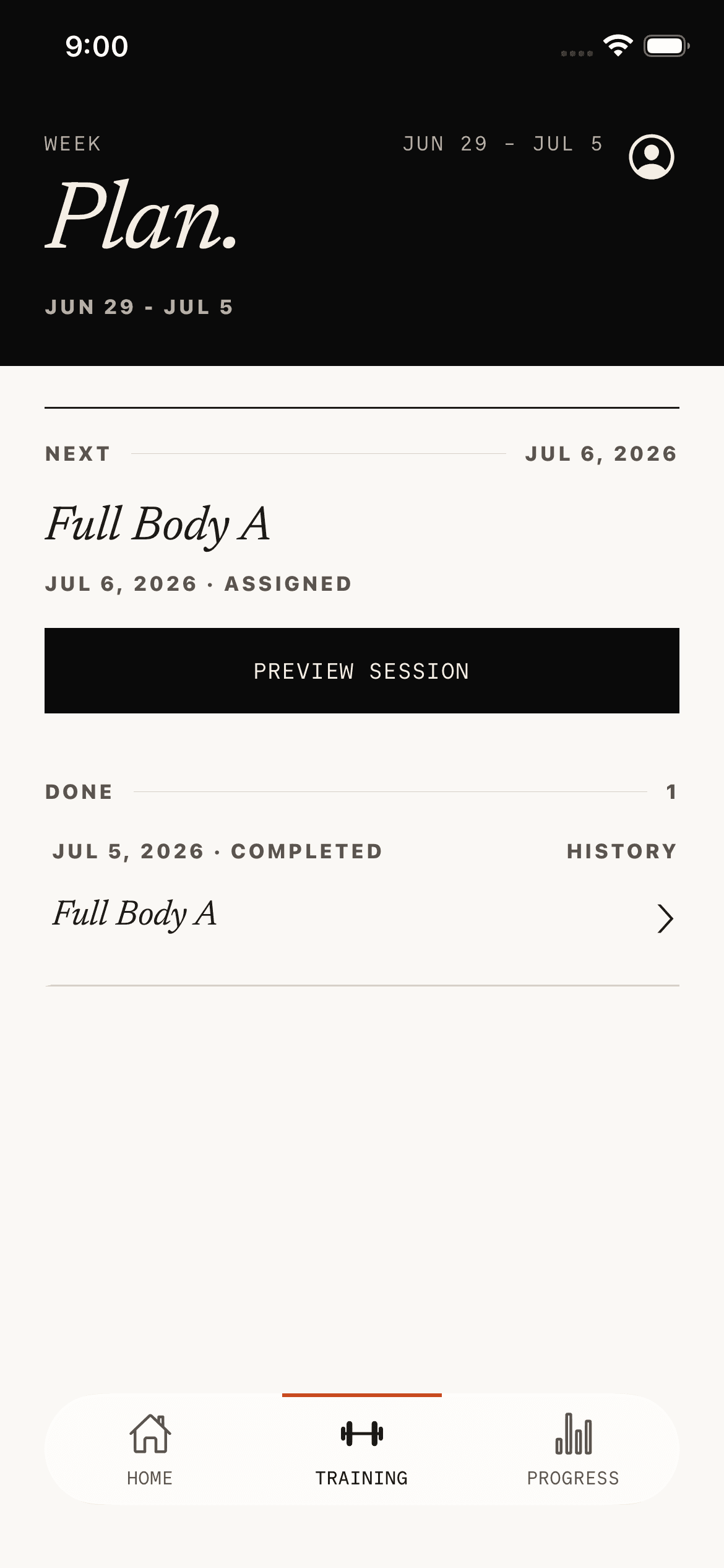 Strata Training screen showing a block plan in the mobile app